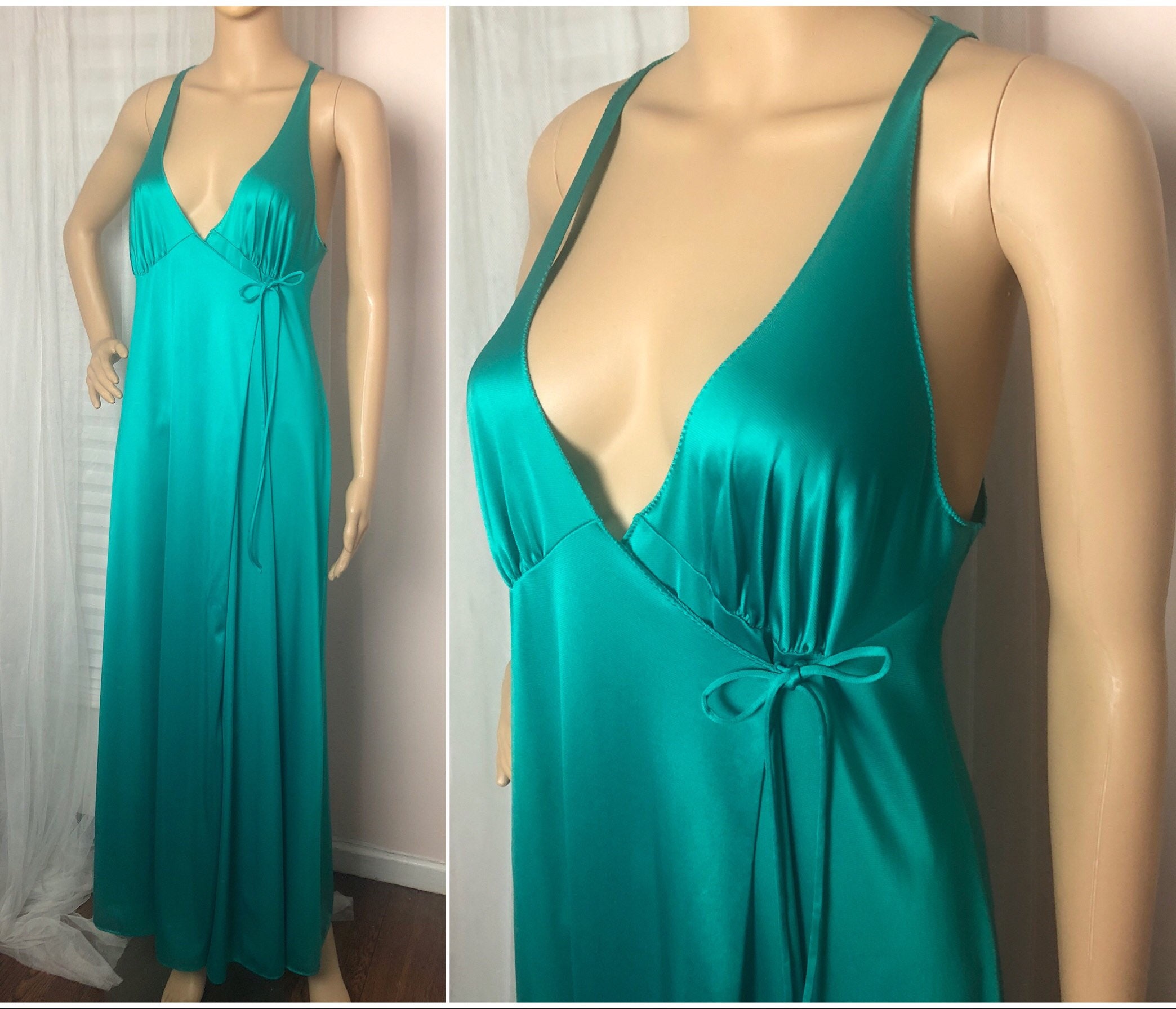 1960s Vanity Fair Nightgown Kelly Green Antron Nylon Vintage Wrap Nightgown Plunging V Neck Gown Vintage Lingerie Vanity Size 36 M