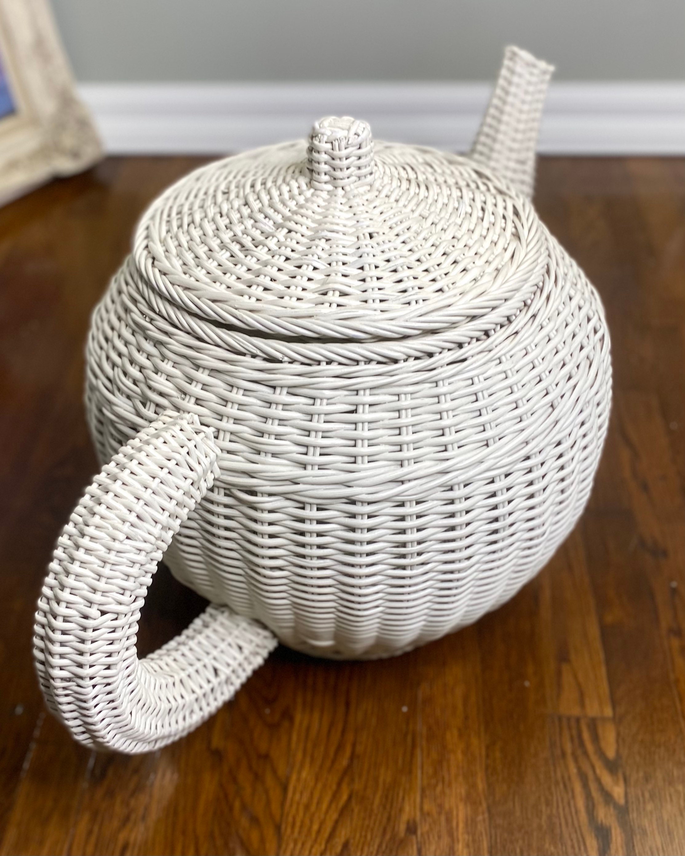 HUGE 3ft White Wicker Tea Pot Storage Basket Hand Woven Rattan Teapot