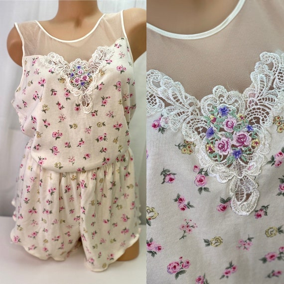 Vintage Shabby Chic Floral Ditzy Rose Print Cotton Sleep Set / Size Large 36 /  Sleeveless Cami & Shorts / Secret Treasures