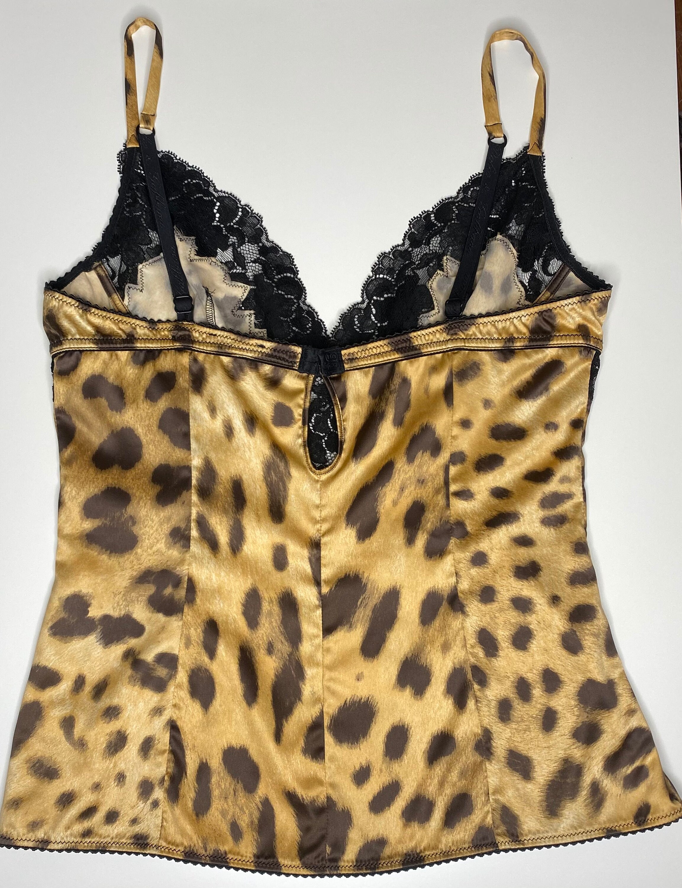 Vintage Dolce & Gabbana Stretch Satin and Lace Leopard Bustier Medium M /  DG Underwear Camisole Wire Free Tank Top / Dolce Gabbana Lingerie