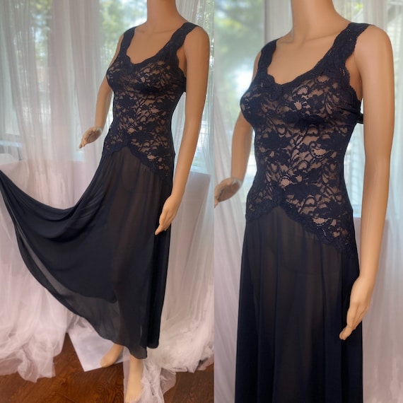 90s Black Lace Night Gown | Size Small S | Sheer … - image 1