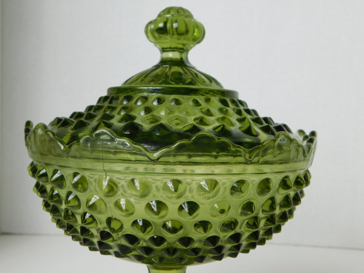 1969 Fenton Colonial Green Hobnail Candy Dish with Lid Footed Pedestal Depression Glass Complete