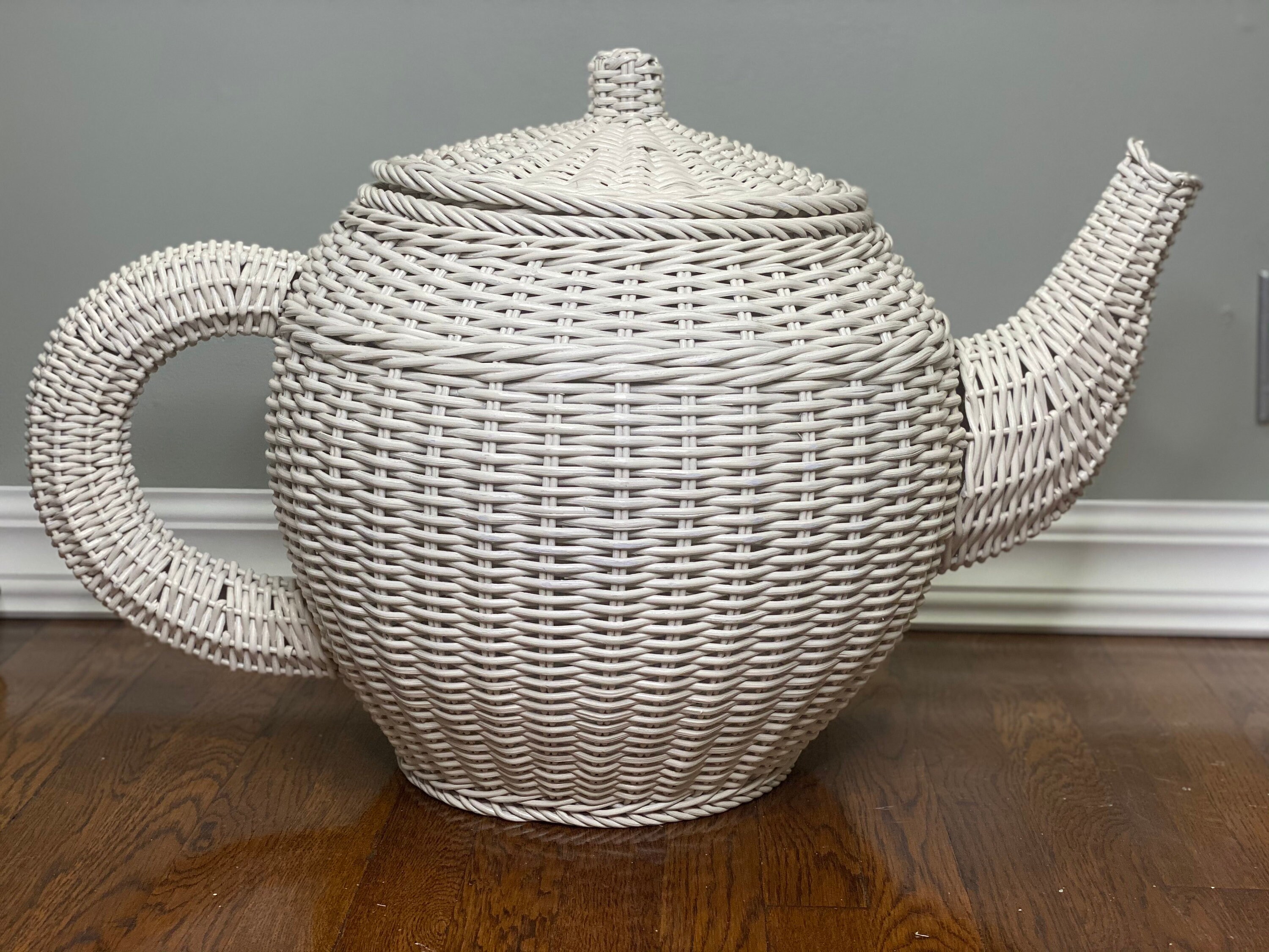 HUGE 3ft White Wicker Tea Pot Storage Basket Hand Woven Rattan Teapot