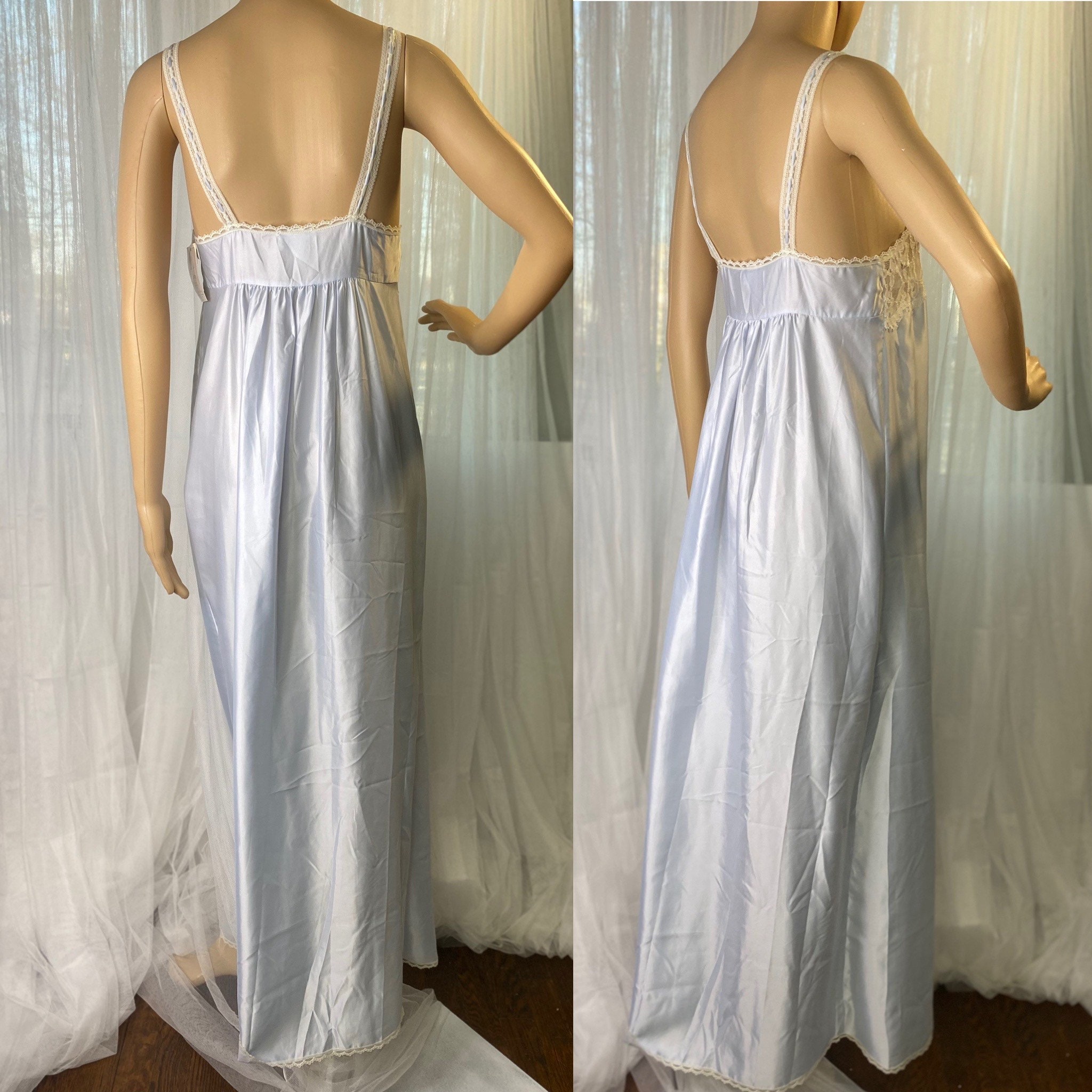 Vintage Blue Satin & Lace Empire Waist Gown Size Small S / Long ...