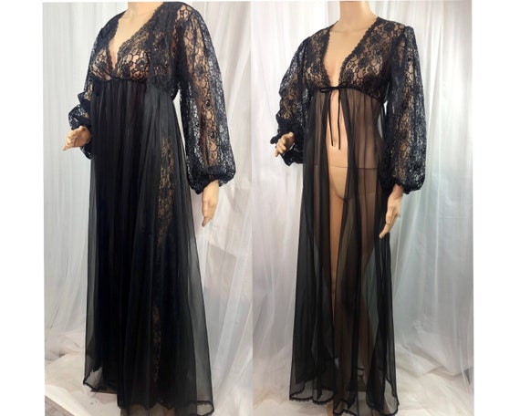 Vintage Sexy Black Lace Peignoir Nightgown Robe Se