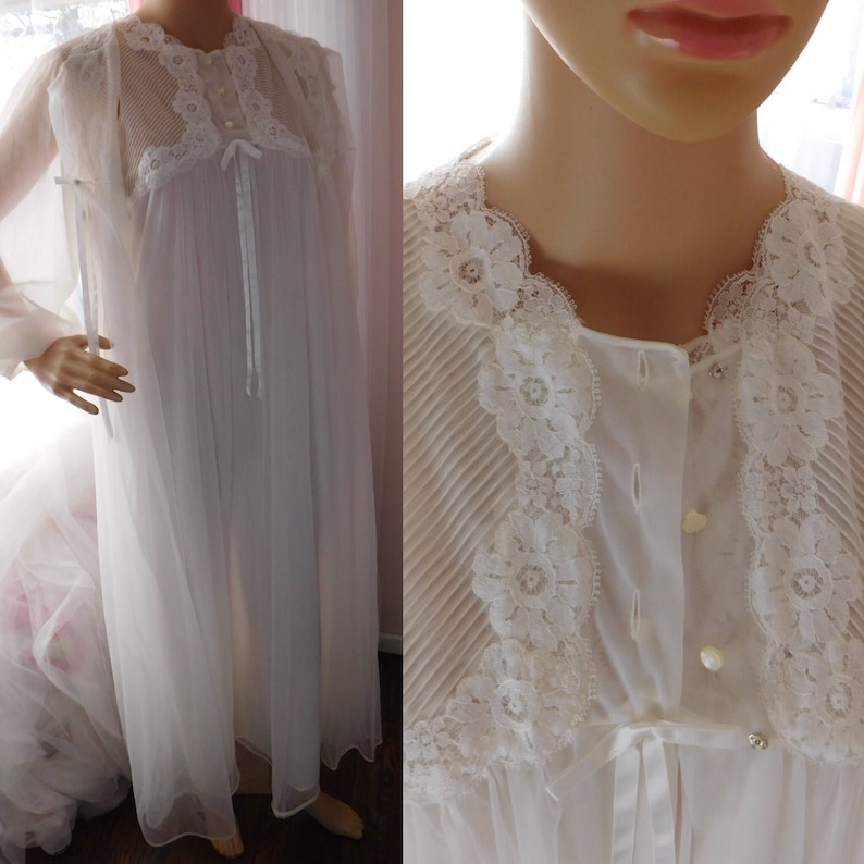 Vintage Lingerie Bridal Peignoir Set Gossard Artemis Medium M Sheer Frothy Multi Layer White Chiffon /& Nylon Long Gown and Robe