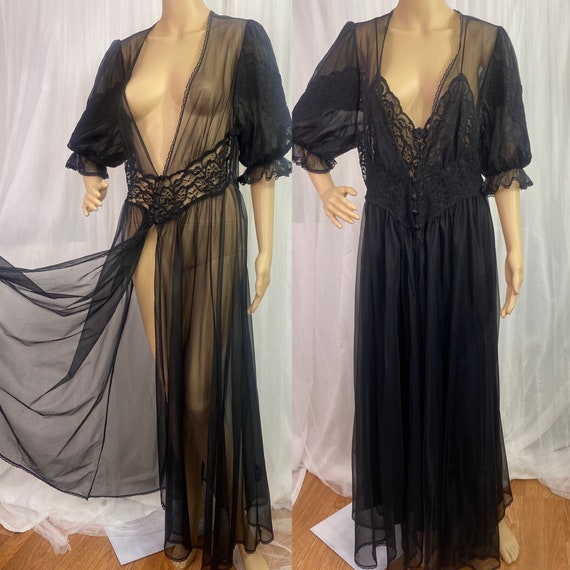 Vintage Sexy Black Lace Peignoir Nightgown Robe Se