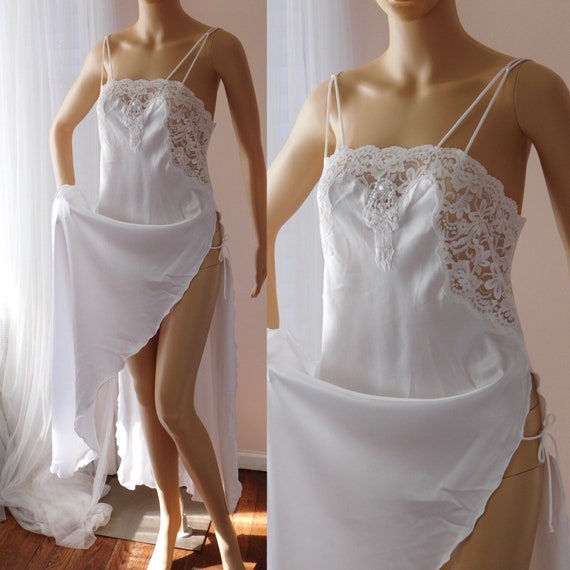 White Glossy Satin Lingerie Gown / Super High Sid… - image 8