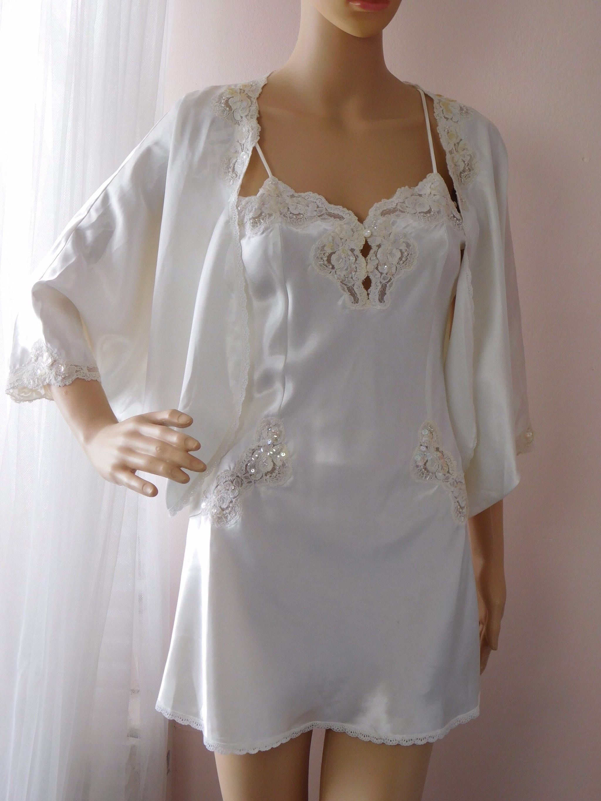 P XS Ivory Satin & Lace Bridal Chemise Slip Bridal Boudoir Bed Jacket