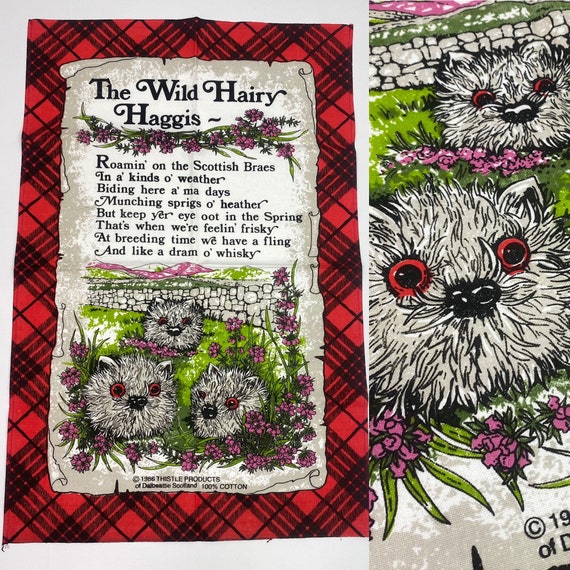 The Wild Hairy Haggis Vintage Cotton Tea Towel/ Tartan Print / Thistle Products Dalbeattie Scotland 29" x 19" Irish Scottish Folklore