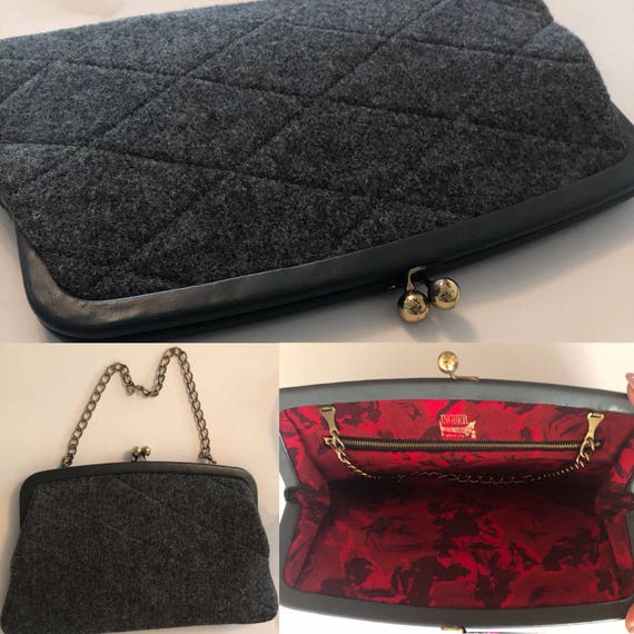 Ingber Quilted A Frame Clutch Purse Grey Gray Wool Leather Structured Bag Red Floral Lining Oversized Vintage Handbag 1950s Brass Etsy