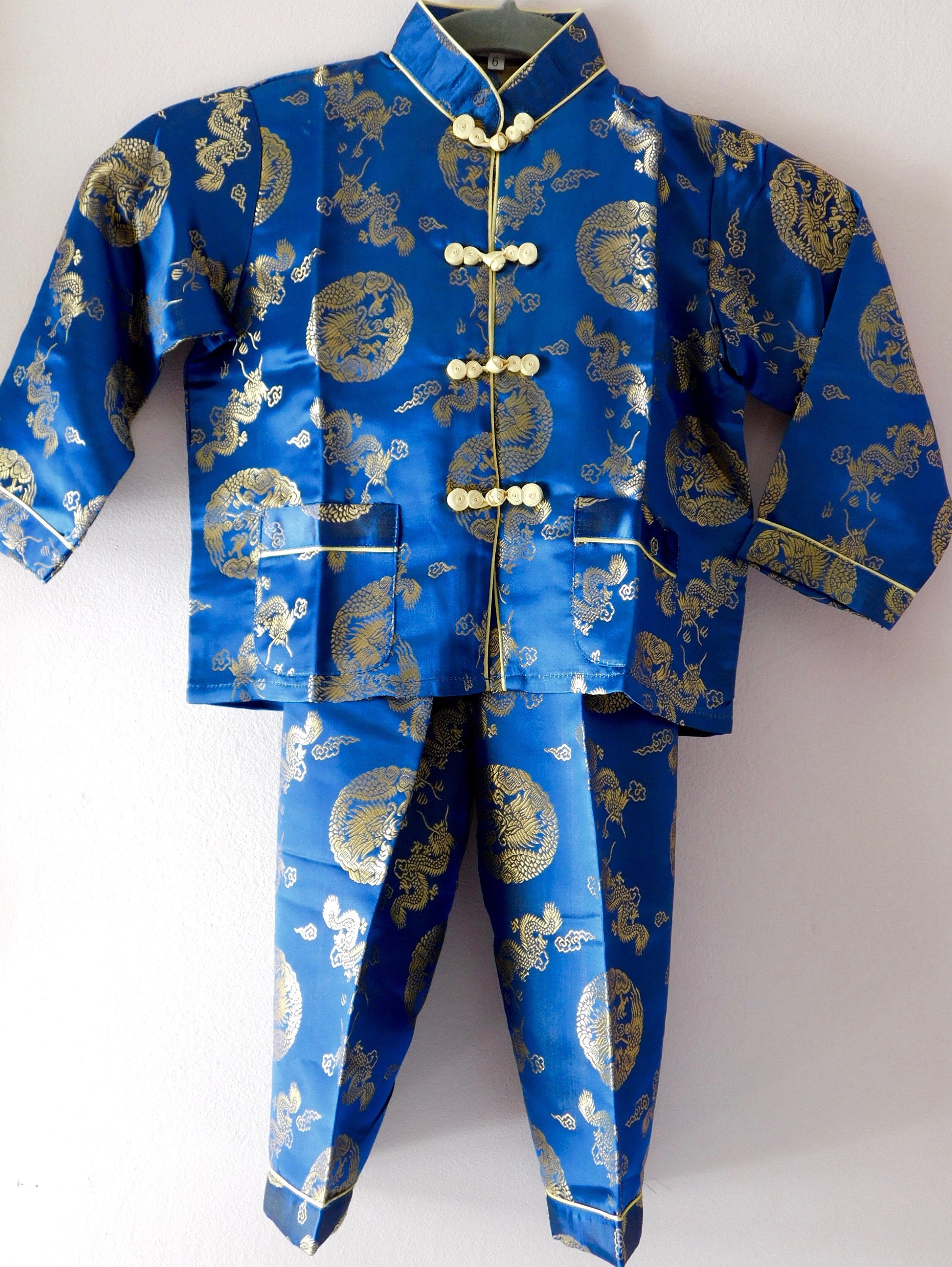 Traditional TangZhuang Blue & Gold Embroidered Vintage Suit / Dragons