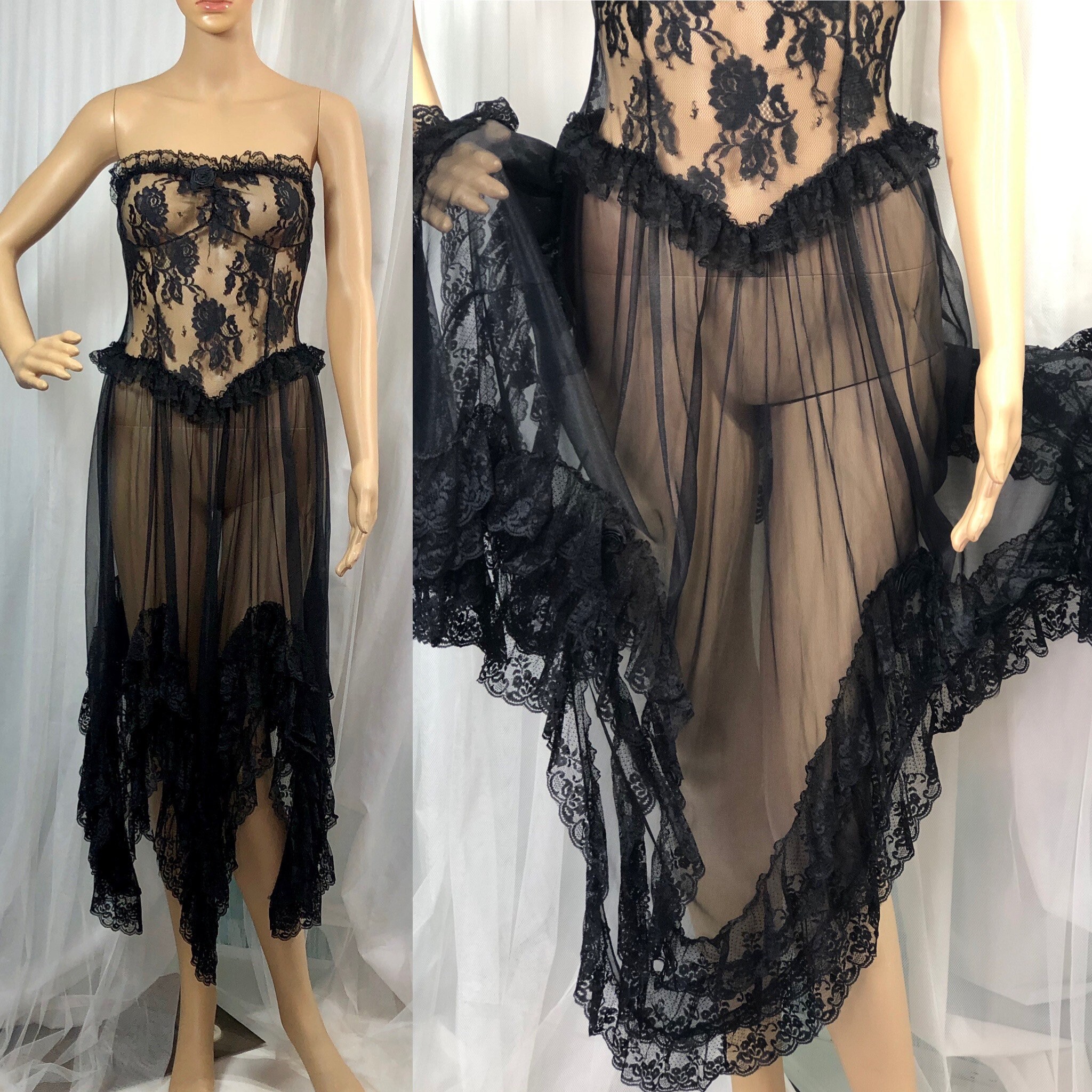 Floral Lace Goth Gown with Ruffles Asymmetrical Small S / Vintage Escante Lingerie / Strapless 