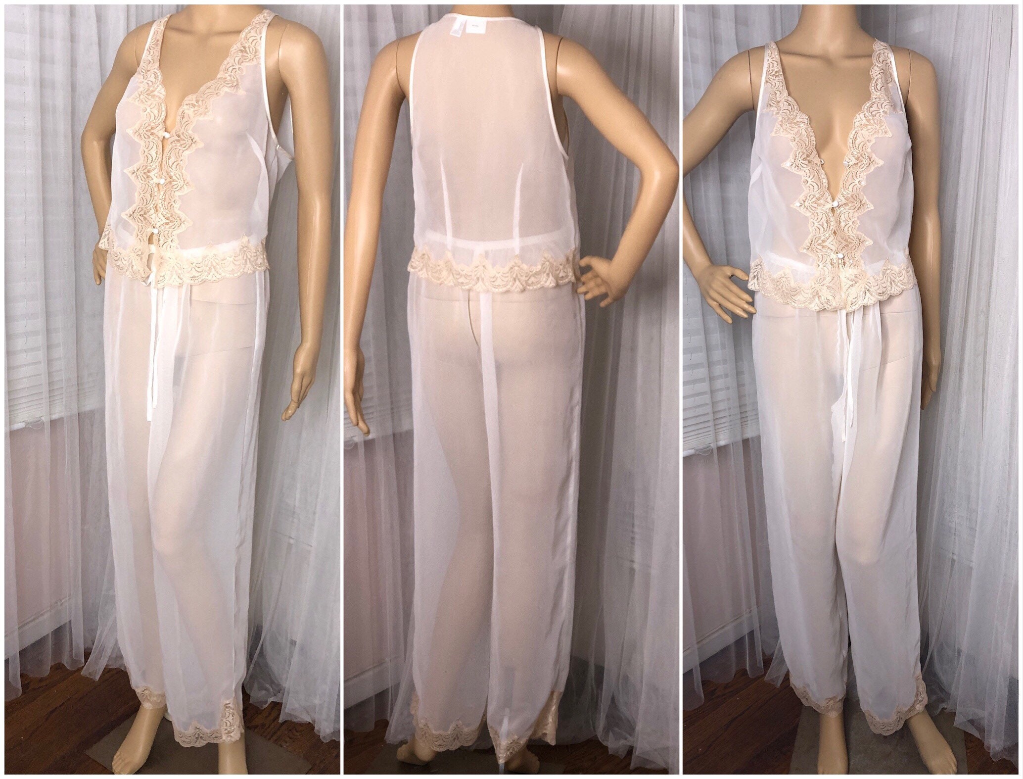 Vintage Fredericks of Hollywood Fully Sheer Lounge Set / Lingerie Pants &  Camisole Top / 2 pc Set Medium 8 /Pearl White Bridal Honeymoon Set