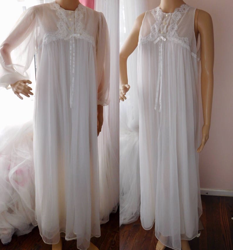 Vintage Lingerie Bridal Peignoir Set Gossard Artemis Medium M Sheer Frothy Multi Layer White Chiffon /& Nylon Long Gown and Robe
