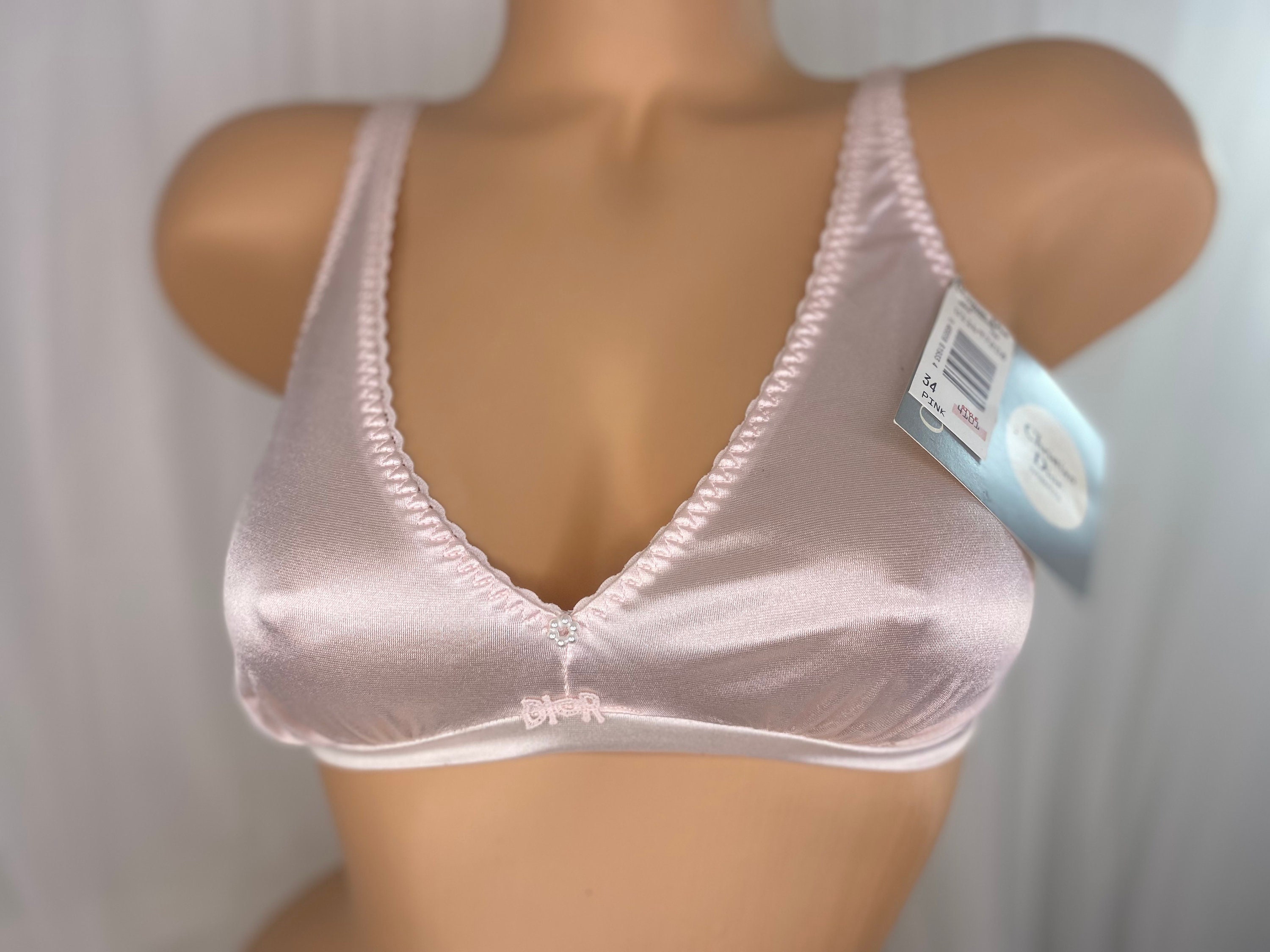 Christian Dior Second Skin Satin Bralette Baby Pink Wire Free Nylon Bra Top  Style 4101 34 C Rare Vintage Dior Lingerie Deadstock 