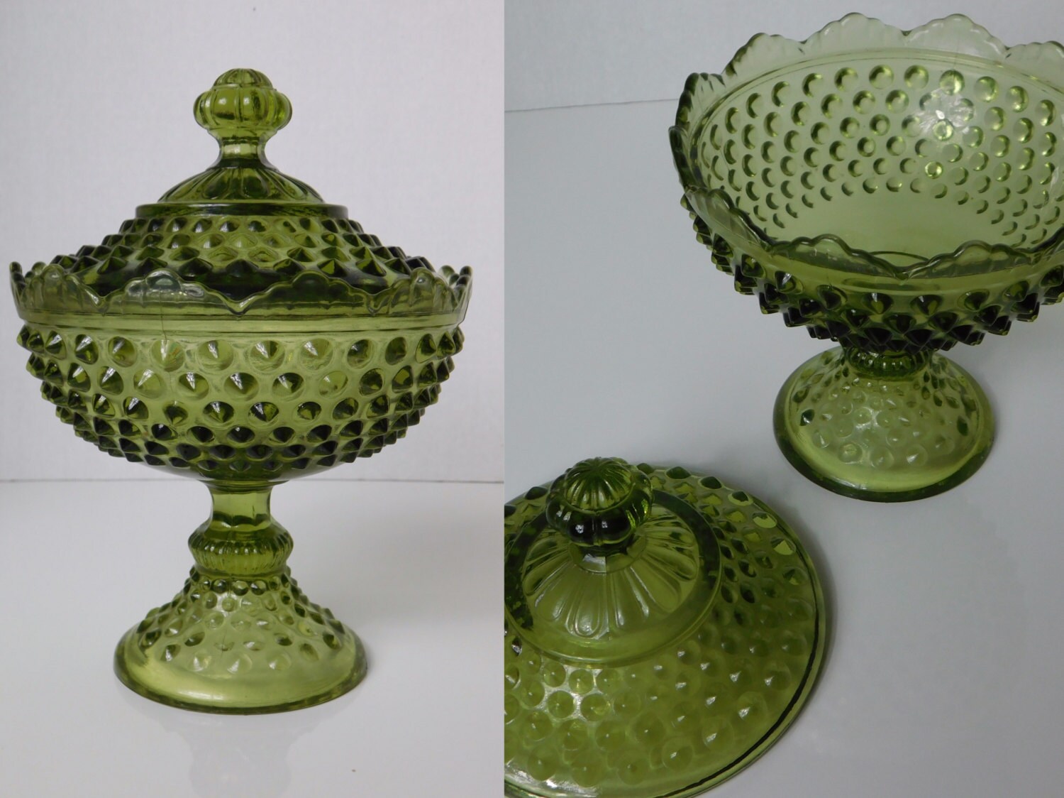 1969 Fenton Colonial Green Hobnail Candy Dish with Lid Footed Pedestal