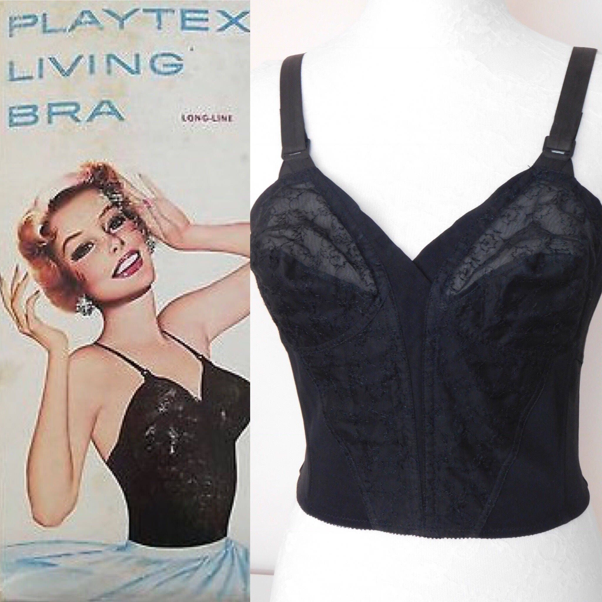 True 50s Vintage Black Longline Bra, Playtex Living Magic Midriff, Peek A  Boo Cups, Boned Bodice, Back Closing, Pin Up Sweater Girl 34 B