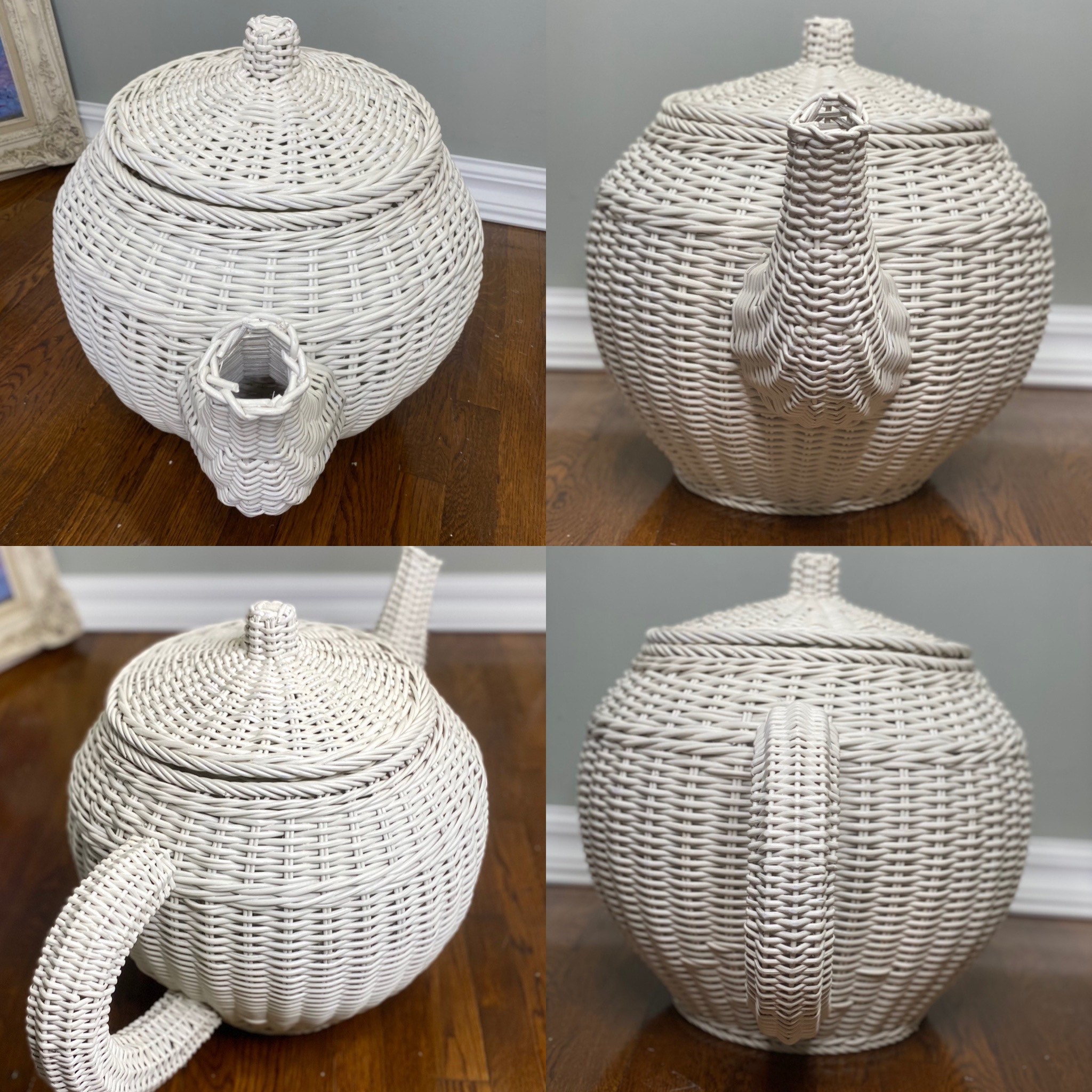 HUGE 3ft White Wicker Tea Pot Storage Basket Hand Woven Rattan Teapot