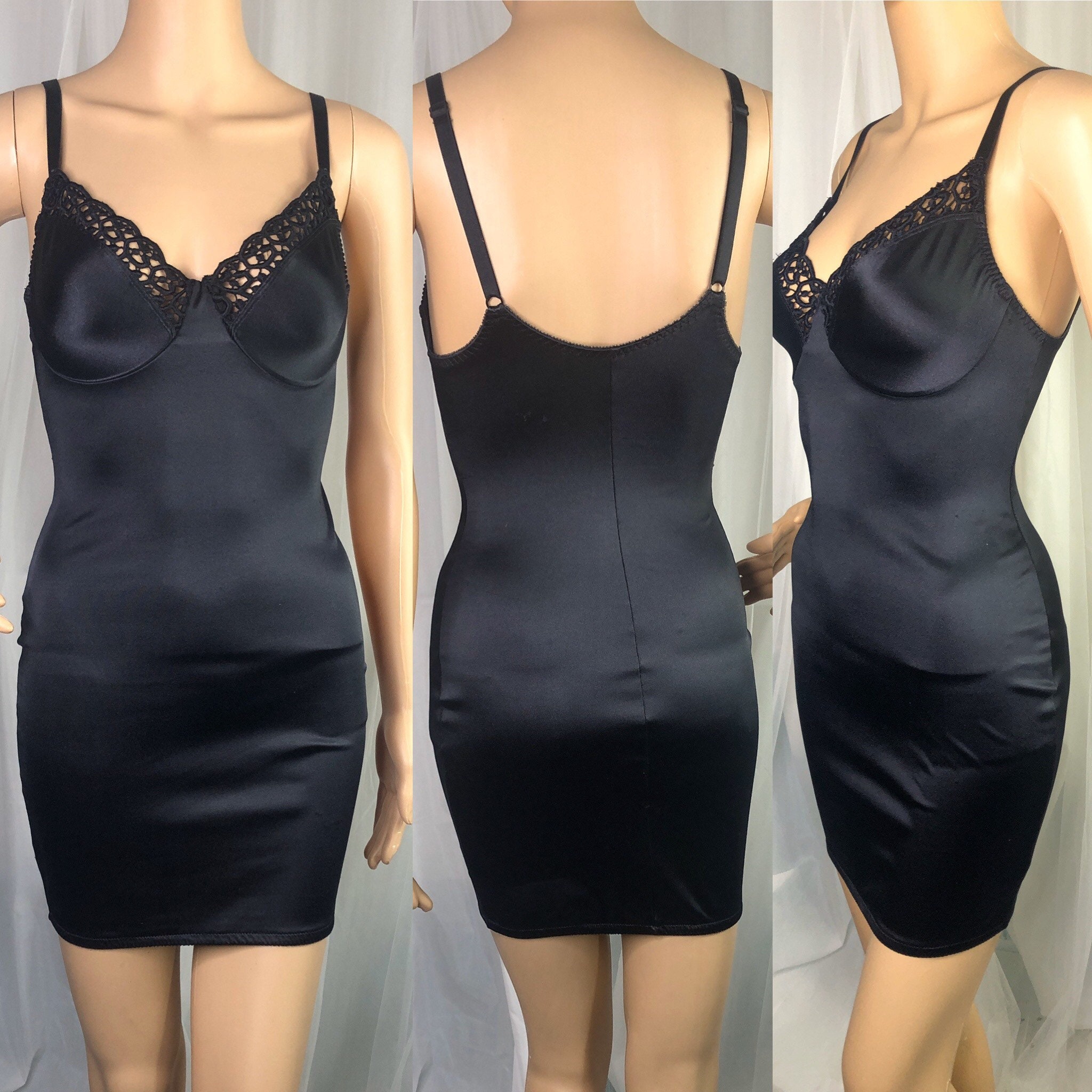 1990s Black Second Skin Satin Slip 36C M / Full Slip Shapewear