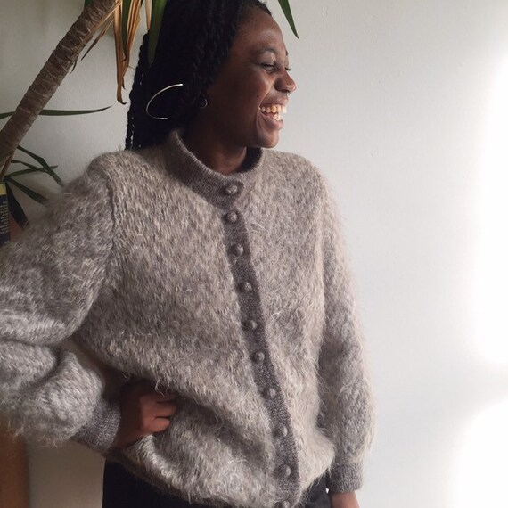 Vintage Mohair & Wool Cream/Grey Chevron Cardigan