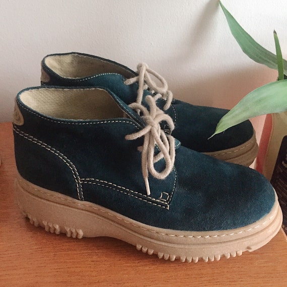 Vintage Teal Blue Suede Platform Boots EU 40