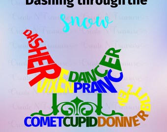 Santas Sleigh with Reindeer Names SVG, DXF. Cutting file for Silhouette cameo and Cricut design space. Christmas sleigh, Santas reindeer.