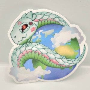 May include: A green and white dragon with pink accents wraps around a blue and green globe with white clouds. The dragon has a red eye and a toothy grin.