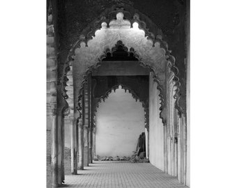 Arches along the Qibla Wall of Tinmel Mosque - Tinmel, Morocco (photo print, wall art, Almohad architecture, interior, historic, vertical)