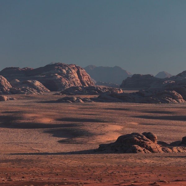 Evening Landscape - Wadi Rum, Jordan (photo print, wall art, golden hour, desert, camels, mountains, horizontal)