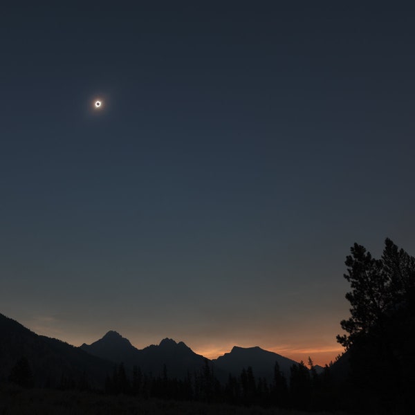 Wide Angle View of the Total Solar Eclipse of 2017 - Sawtooth National Forest, Idaho (photo print, wall art, astrophotography, horizontal)