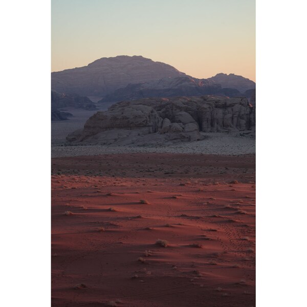 Sunset over the Red and White Sand Deserts - Wadi Rum Protected Area, Jordan (photo print, wall art, shadows, golden hour, vertical)