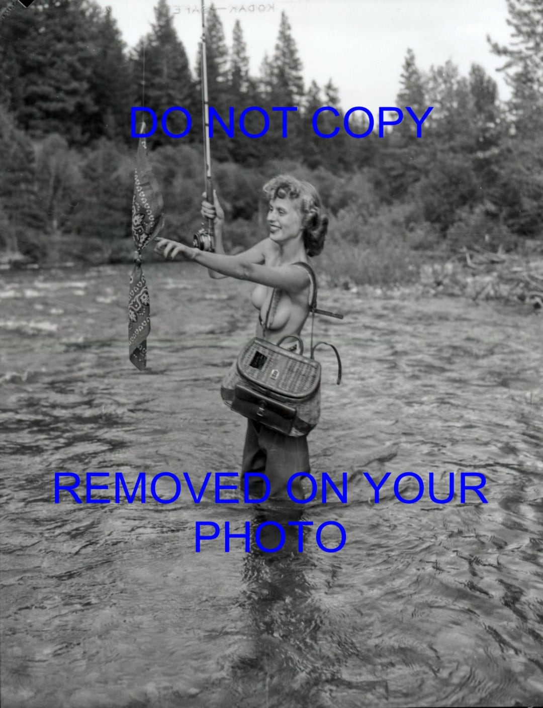 Vintage Topless Fly Fishing Lady Black and White Photo Print 