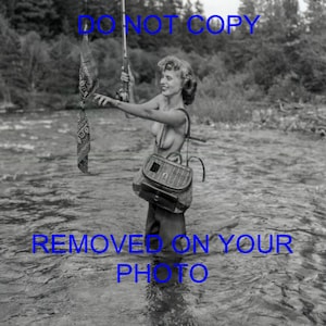 Vintage Topless Fly Fishing Lady Black and White Photo Print