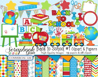 BACK TO SCHOOL #1 Clipart & Papers Kit, 28 png Clipart files, 19 jpeg Paper files, Instant Download, backpack, globe, train, books, scissors