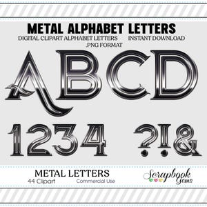 Pewter Metal Letters & Numbers Digital Clipart, 42 High Quality PNG files, Instant Download