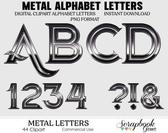 Pewter Metal Letters & Numbers Digital Clipart, 42 High Quality PNG files, Instant Download