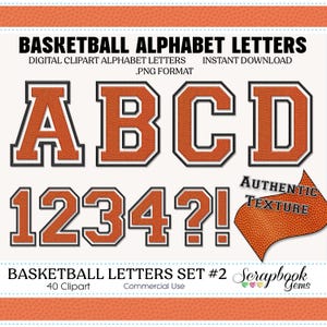 Sports Basketball Letters & Numbers Clipart, 40 High Quality PNG files, Instant Download Digital Clip Art sports alphabet