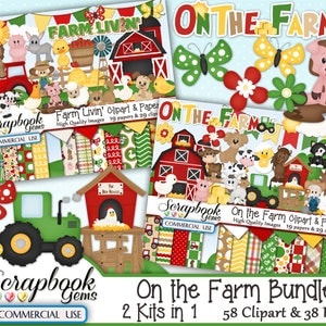 FARM BUNDLE - 2 Kits en 1, 58 Cliparts & 38 Papiers, Téléchargement instantané, tracteur, agriculture, ranch, porc, vache, bétail, cheval, chien, chat, chèvre