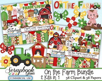 FARM BUNDLE - 2 Kits in 1, 58 Cliparts & 38 Papers, Instant Download, tractor, farming, ranch, pig, hog, cow, cattle, horse, dog, cat, goat