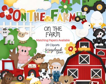 ON THE FARM Clipart, 29 png Clipart files, Instant Download ranch pig cow horse sheep chicken hen tractor goat cat farmland hay bale farming