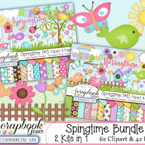 SPRINGTIME BUNDLE - 2 Kits in 1, 62 Cliparts & 42 Papieren, Sofort Download, Ostern, Blume, Vogelhaus, Zaun, Garten Frühling, Schmetterling, Sonne
