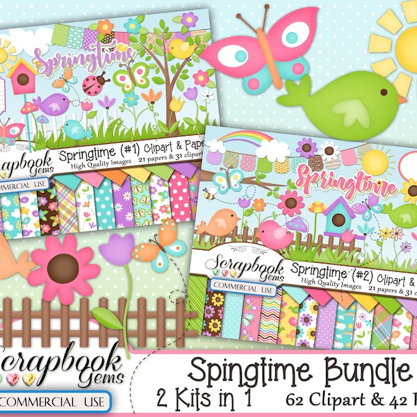 SPRINGTIME BUNDLE - 2 Kits in 1, 62 Cliparts & 42 Papers, Instant Download, easter, flower, bird house, fence, garden spring, butterfly, sun