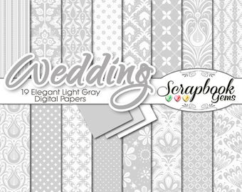 May include: A set of 19 digital papers in light gray with various elegant patterns. The papers are perfect for wedding invitations, scrapbook pages, and other craft projects. "Wedding Scrapbook Gems" is written in a decorative font at the top of the image.