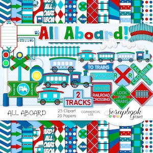 ALL ABOARD Train Clipart & Papers Kit, 25 png Clip arts, 20 jpeg Papers Instant Download railroad train tracks boys lads crossing traintrack