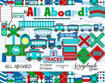 ALL ABOARD Train Clipart & Papers Kit, 25 png Clip arts, 20 jpeg Papers Instant Download railroad train tracks boys lads crossing traintrack