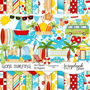 GONE SURFING Clipart e documenti, 36 file clipart png, 20 file cartacei jpeg, download immediato tavola da surf bikini oceano barca a vela castello di sabbia spiaggia