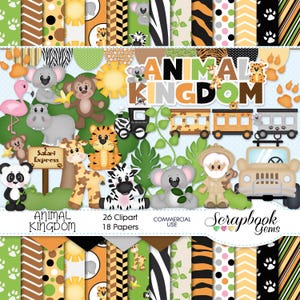 Kit di Clipart e documenti ANIMAL KINGDOM, 26 file clipart png, 18 file cartacei jpeg, download immediato zoo safari giungla, treno zoo, koala, panda