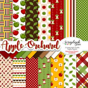 May include: A set of 23 digital papers featuring apple-themed patterns in red, green, yellow, and brown. The patterns include apples, leaves, stripes, polka dots, and plaid. The text "Apple Orchard" and "Scrapbook Gems" is included in the image.
