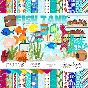 FISH TANK Clipart & Papers Kit, 30 png Clip arts, 22 jpeg Papers Instant Download sea ocean aquarium water bubbles marine tropical goldfish